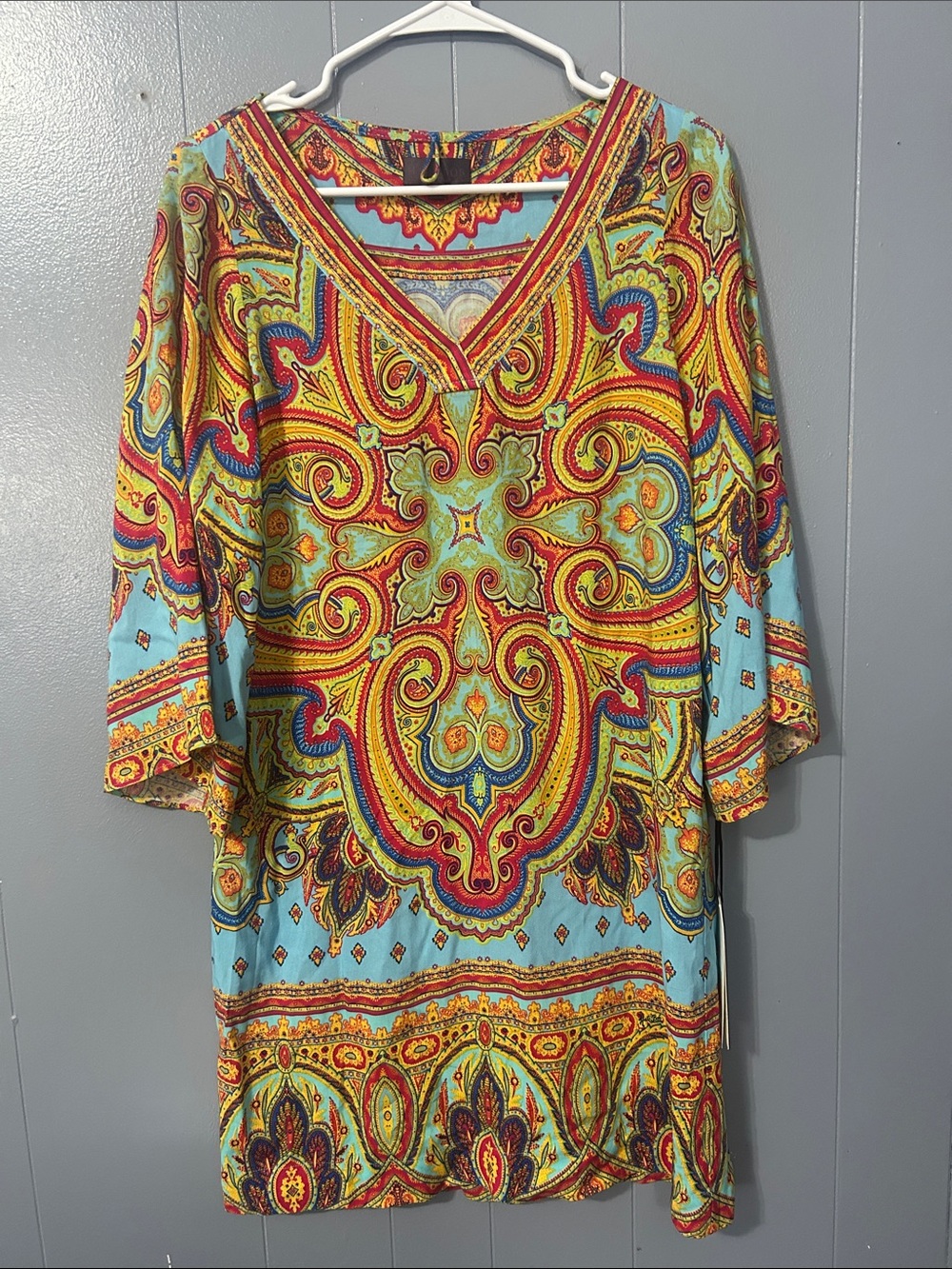 Hale Bob Turquoise Tunic with Red and Yellow Paisley Medallion
